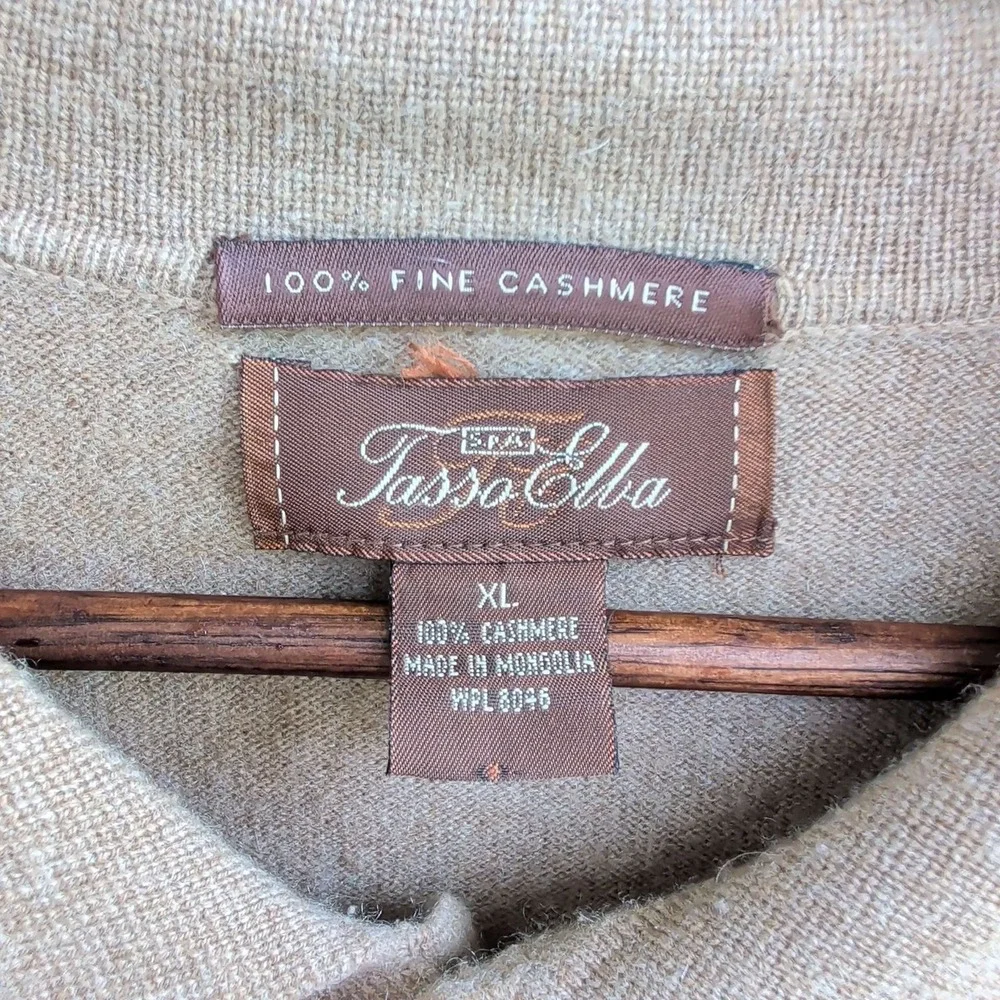 Tasso Elba Cashmere Polo Sweater Mens XL Tan Long Sleeve 3-Button Knit